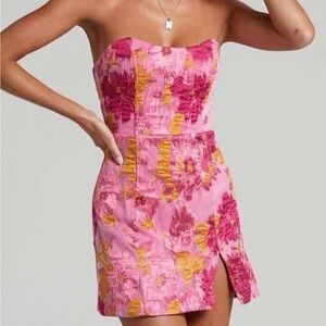 Showpo Strapless Pink and Yellow Floral Dress